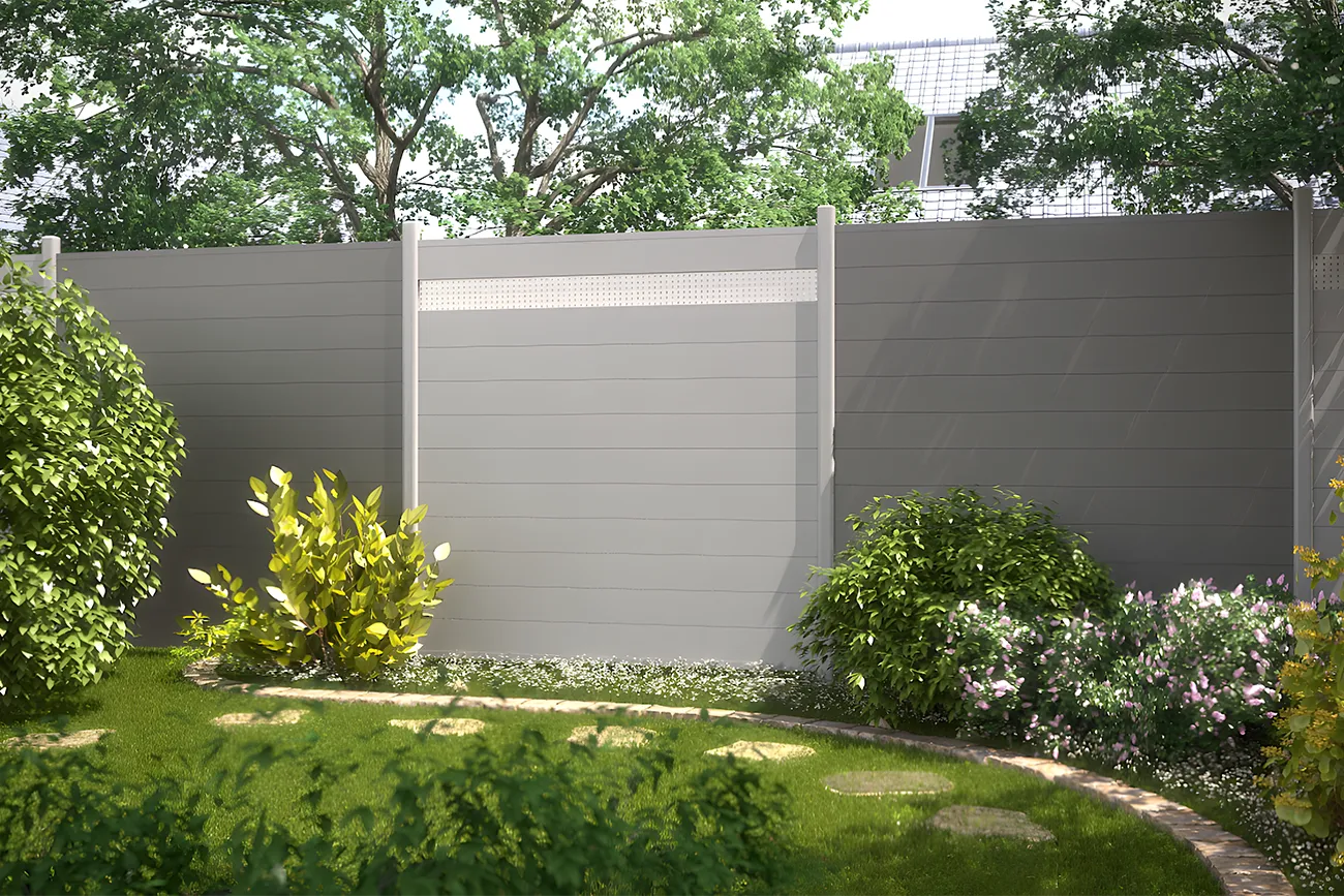 Tuinpalissade van aluminium in grijs en anthraciet.